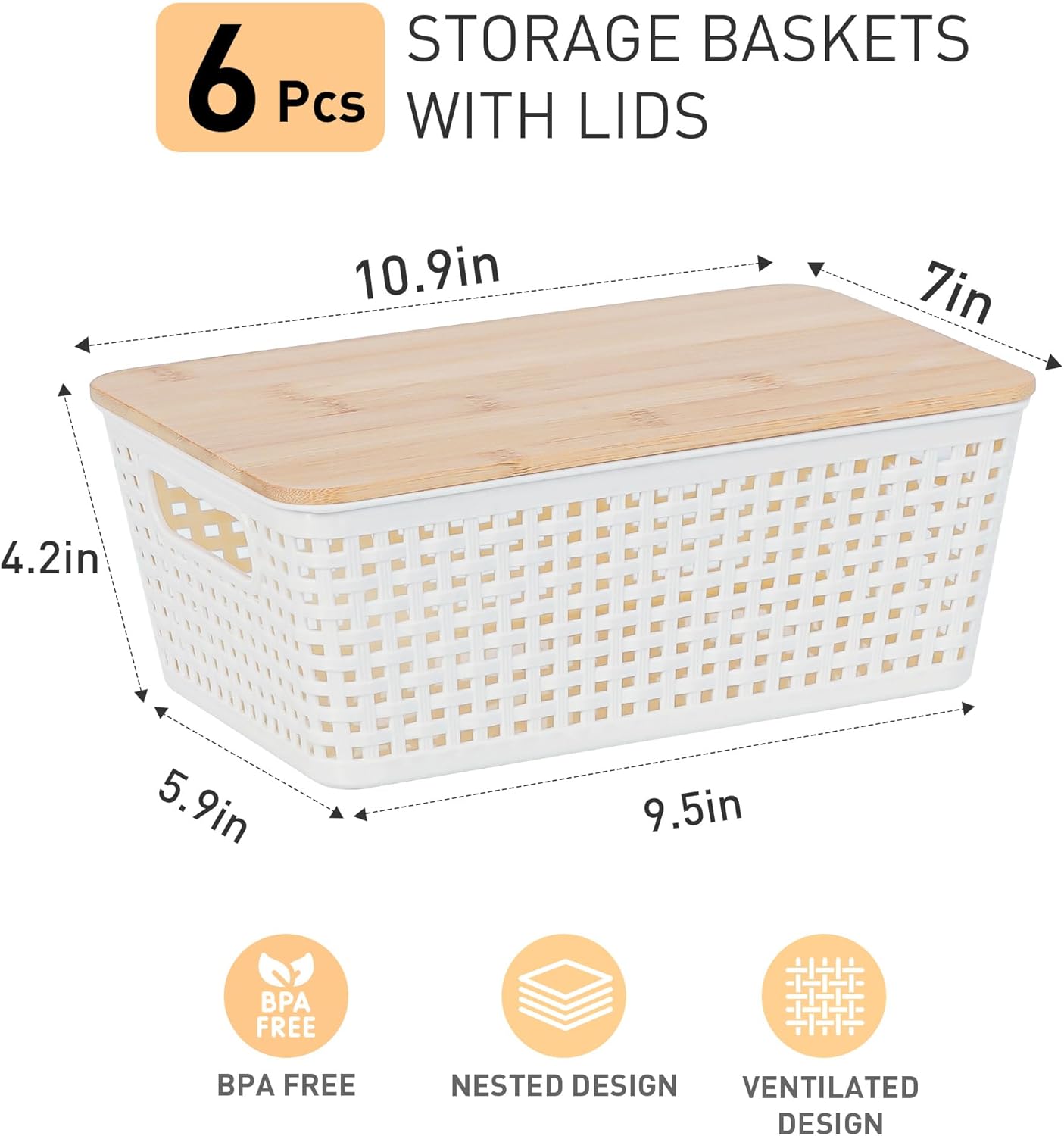 Small Storage Bins with Lids 6 Packs, Plastic Storage Basket with Bamboo Lid for Pantry Organization and Storage Containers for Shelves Drawers Desktop Closet Playroom Office Home, White