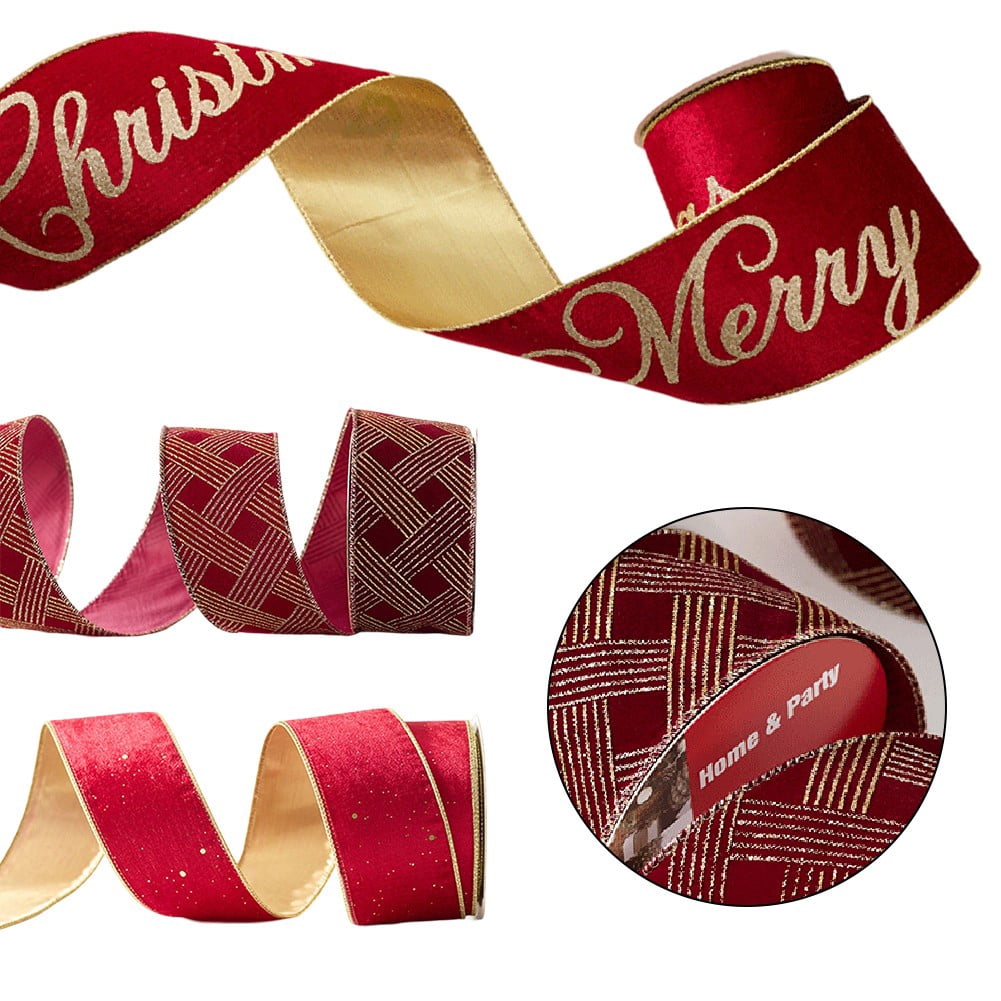 Home Decor 10Yards Merry Christmas Red Flannel Gold Stamped Bow Ribbon 9.1M Ribbon A