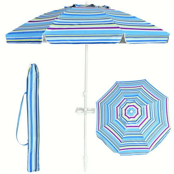 "7.2ft Portable Beach Umbrella - Tilt Sand  & Cup Holder - Windproof with Carry Bag