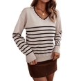 thumbnail image 1 of Suéter de Punto para Mujer, Informal, con Cuello en V, Estampado A Rayas, Holgado, de Larga Albaricoque S, 1 of 10