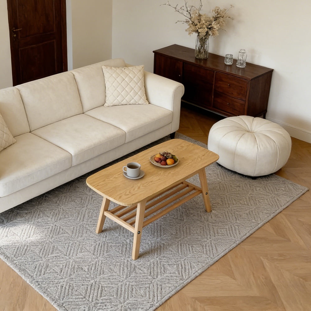 39 Inch Solid Wood Coffee Table, Double-Layer Storage Center Table, Modern Wooden Accent Table for Living Room Apartment Office
