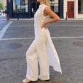 thumbnail image 5 of IWRICH Linen Set for Women Elegant Resort Stand Neck Front Slit Midi Top and Elastic Waist Loose Pants Sets White XL, 5 of 5