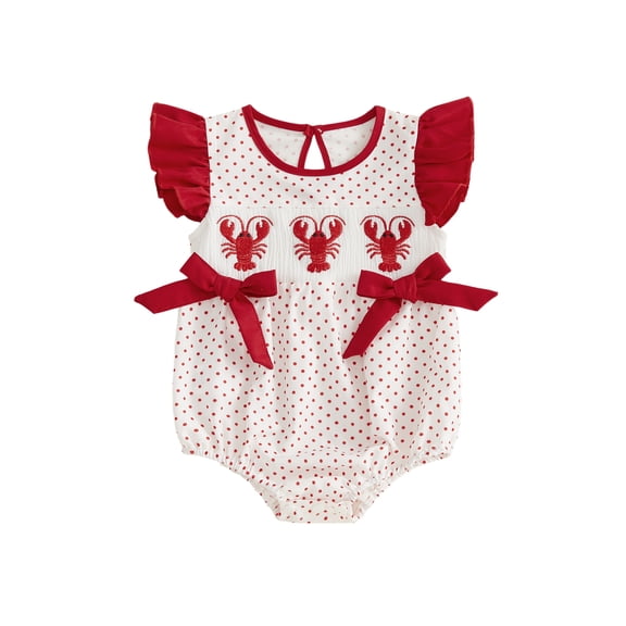 BemeyourBBs Newborn Baby Girl Crayfish Outfit Cute Infant Baby Girl Summer Clothes 0 3 6 12 18 Months Bubble Romper Dotted Lobster Embroidery Cute Bow Fly Sleeves Bodysuit Jumpsuit Playsuit