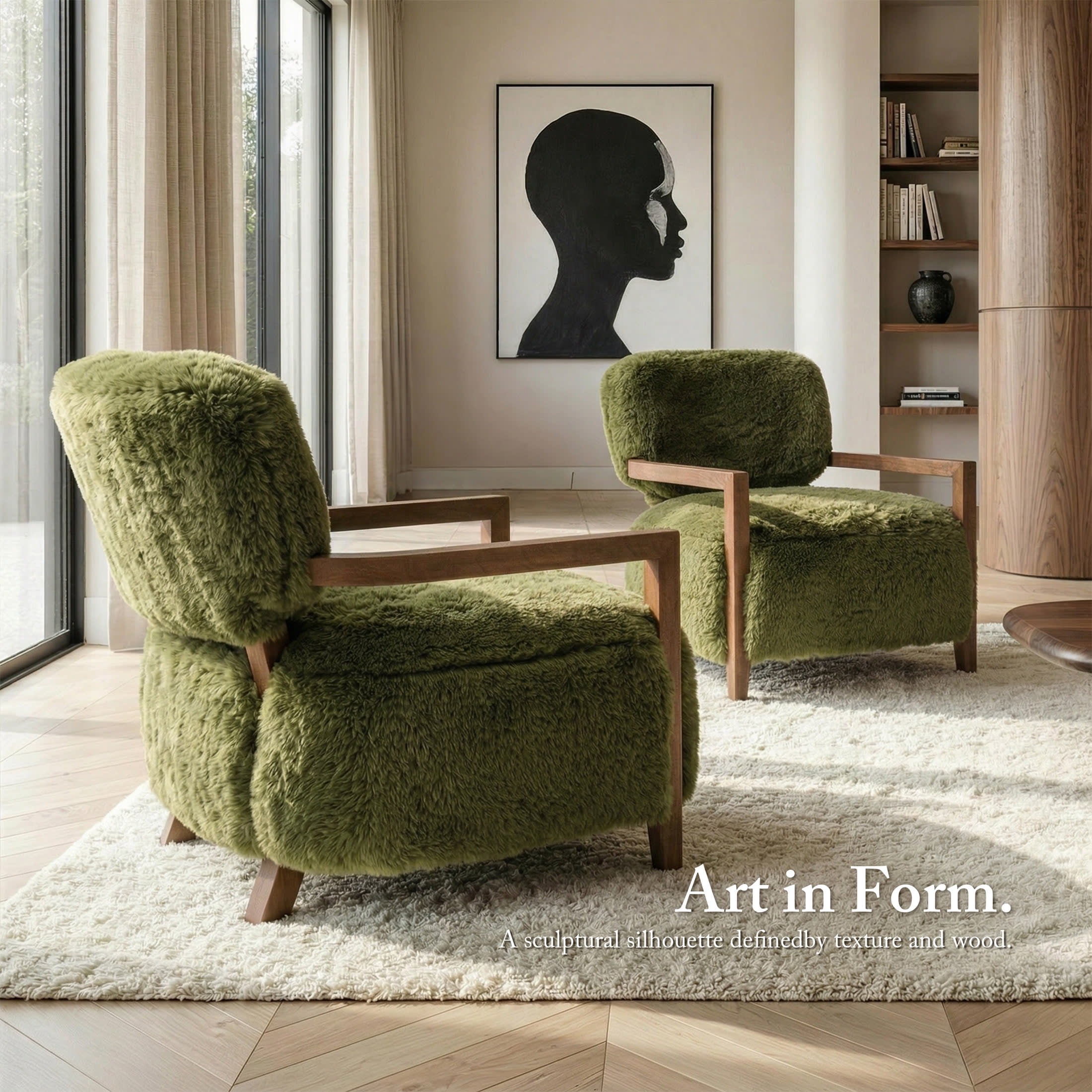 Aenkyo Yeti Contemporary Faux Fur Accent Chair with Walnut Wood Arms, Green