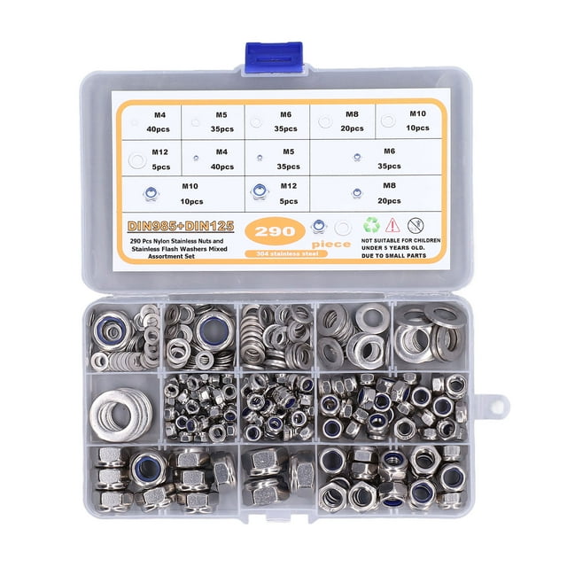 Ensemble de 290 Pcs de Fixations en Acier Inoxydable 304: Écrous de Verrouillage en Nylon M4-M12 (DIN985) et Rondelles Plates (DIN125) - Assortiment Résistant à la Corrosion pour Meubles, Machinerie, Projets de Bricolage et Réparations Électroniques avec