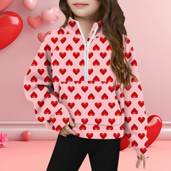 Girls Heart Print Hoodie Half Zip Sweatshirt Red Hearts on Pink Valentine's Day Outfit Soft Stretchy,Size 5 T