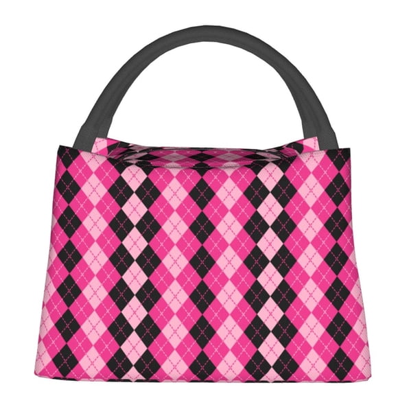 Easygdp pink and black argyle Bolsa de Almuerzo Insulada Reutilizable, Bolsa de Mano y Bandolera para Oficina, Trabajo, Viajes