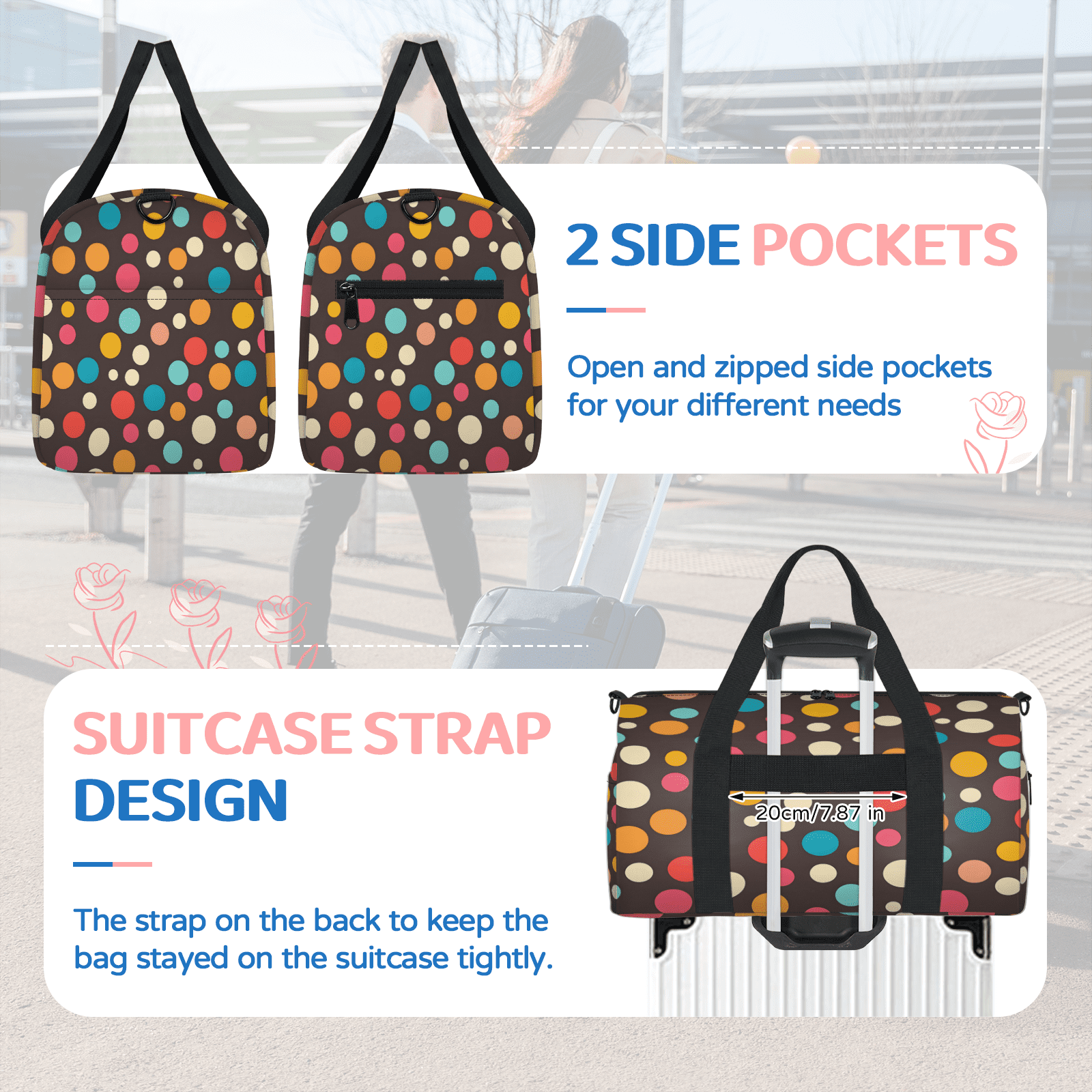 Herdesigns Rainbow Travel Duffle Bag Sports Yoga Weekender Overnight Carry on Workout Bags Lightweight Waterproof Gym Tote Bag for Women Geometric Polka Dots