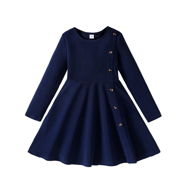 QHFBli Girls Long Sleeve Casual A-line Sweater Rib Knit Button Party Dress with Pockets Navy 8-9 Years