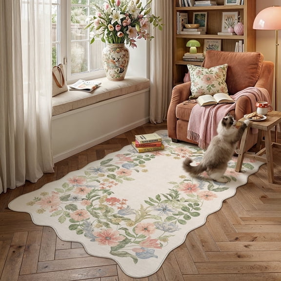 BERTHMEER 3'X5' Scalloped Washable Area Rugs for Living Room Vintage Soft Beige Bedroom Floral Farmhouse Dining Room Oriental Traditional Low-Pile Non-Slip Flower Carpets