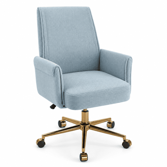 360° Swivel Desk Chair, Height Adjustable Upholstered Office Chair with Gold Base and Wheels, Modern Armchair for Vanity, Computer Desk, Study Room, Living Room and Bedroom, Blue