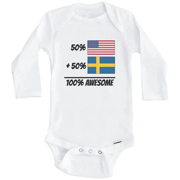 50% American Plus 50% Swedish Equals 100% Awesome Cute Sweden Flag One Piece Baby Bodysuit (Long Sleeve), 0-3 Months White