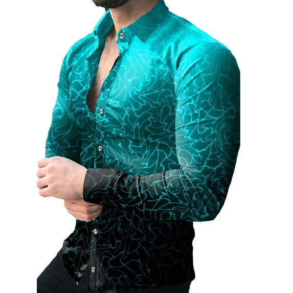 FASHIONWT Men Business Button-Up Blouse Colorful Print Long Sleeve Single Breasted Shirts