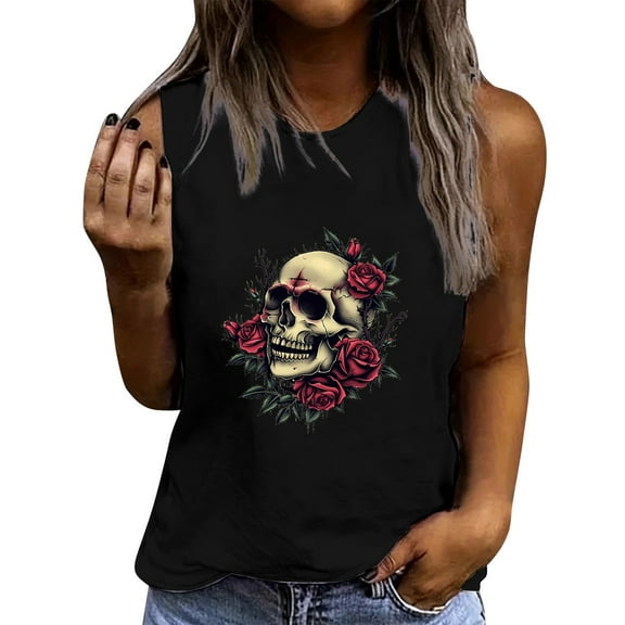 Women's Skull Graphic Tank Top Floral Skeleton Print Sleeveless Shirt Halloween Gothic Casual Summer Tee