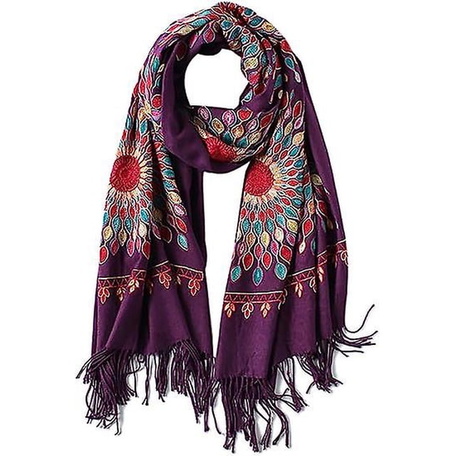 Women's Embroidered Oversize Tassel Shawl Scarf Wraps for Women-Purple