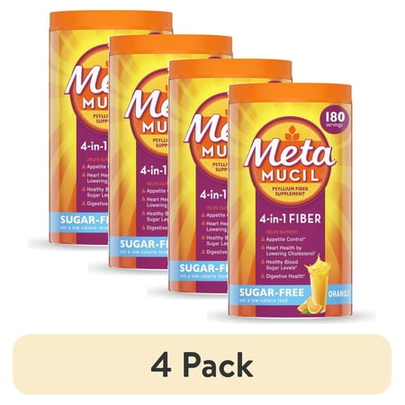 (4 pack) Metamucil Fiber Supplement, Sugar Free Fiber Powder for Digestive Health, Orange, 180 Servings