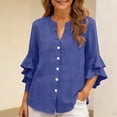 thumbnail image 7 of Lenpel Women's Cotton Linen Tops Ruffle Bell 3/4 Sleeve V Neck Curved Hem Button down Shirts Dressy Casual Tunic Blouses, 7 of 7