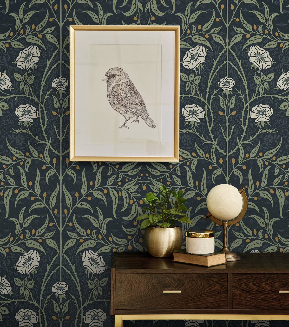 Seabrook Designs Navy & Sage Stenciled Floral Prepasted Wallpaper