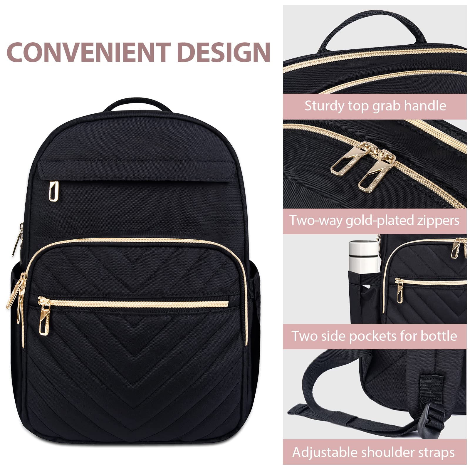 GlneYos Women Laptop Backpack,17.3inch Travel Work Laptop Bag with USB Port Waterproof Fashion Backpacks Nurse Stylish Casual Daypacks for College, Business, Black