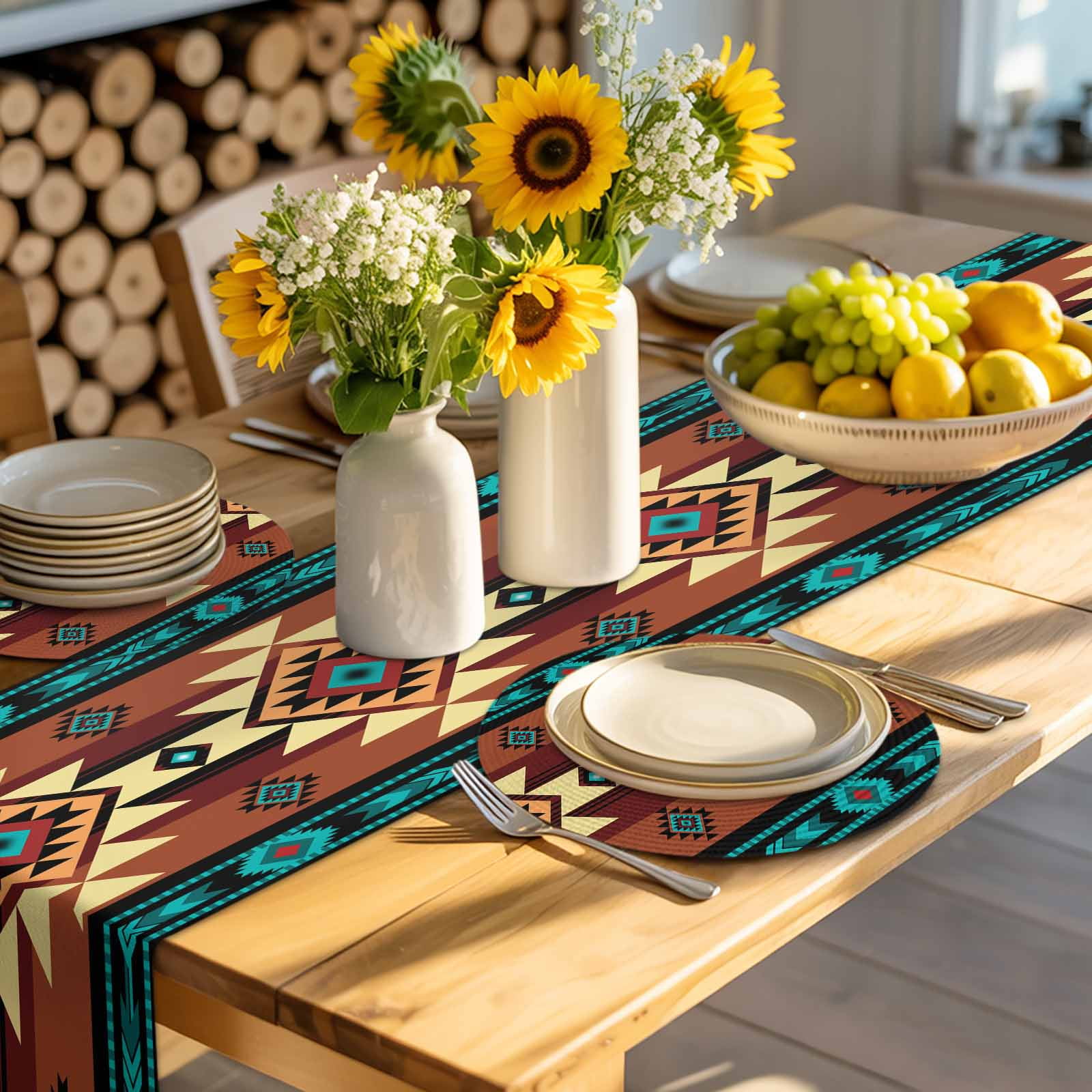 Turquoise Red Round 13 Inch Placemats Set of 4, Southwest American Native Abstract Pattern HeatResistant Non Slip Place Mats for Dining Table, Wipeable Braided Kitchen Table Mats for Housewarming