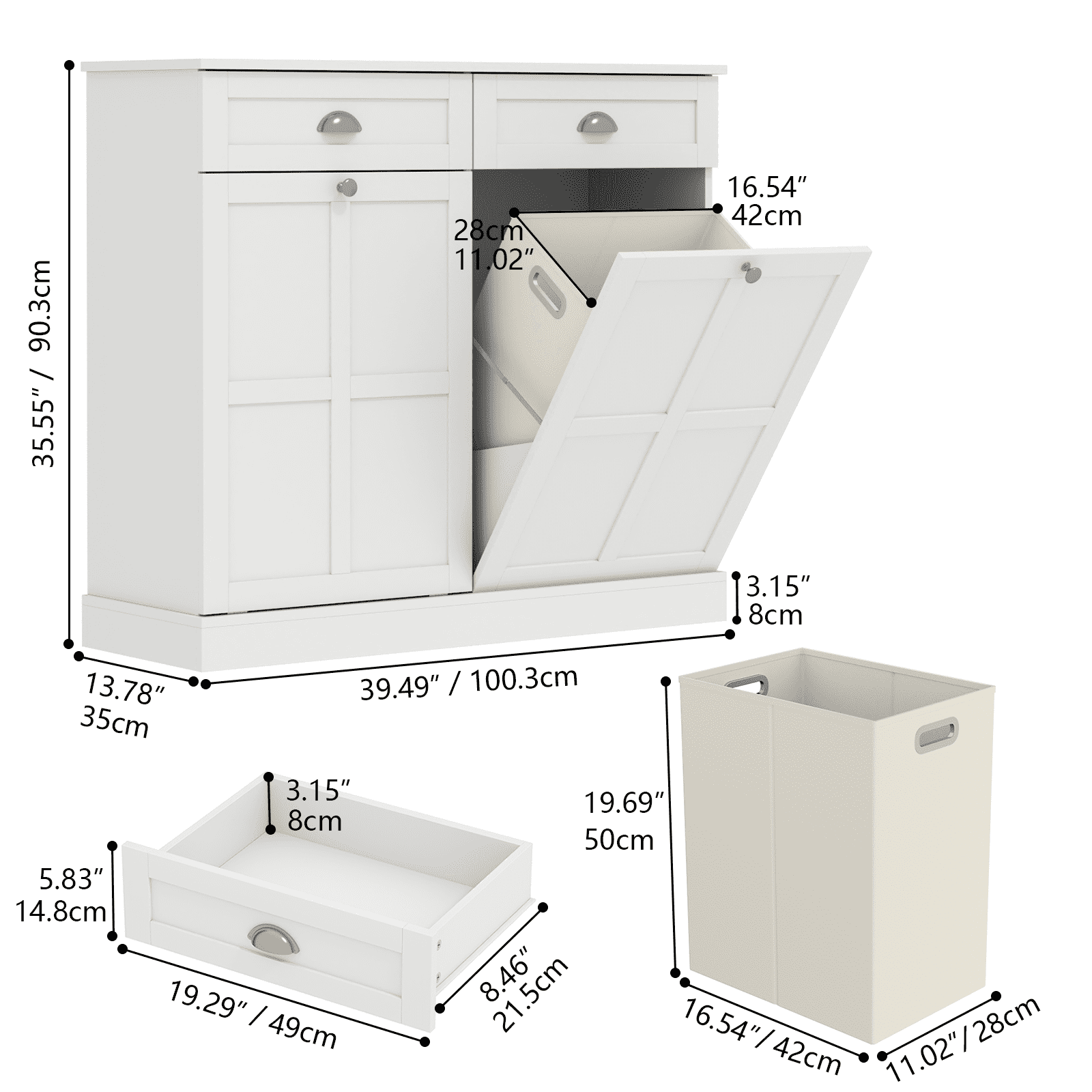 Tilt Out Laundry Sorter Cabinet, Double Laundry Hamper Cabinet with 2 Drawers & 2 Laundry Storage Baskets, 30 Gallon Trash Can Cabinet, Storage Cabinet for Bathroom, Laundry Room, Kitchen, White