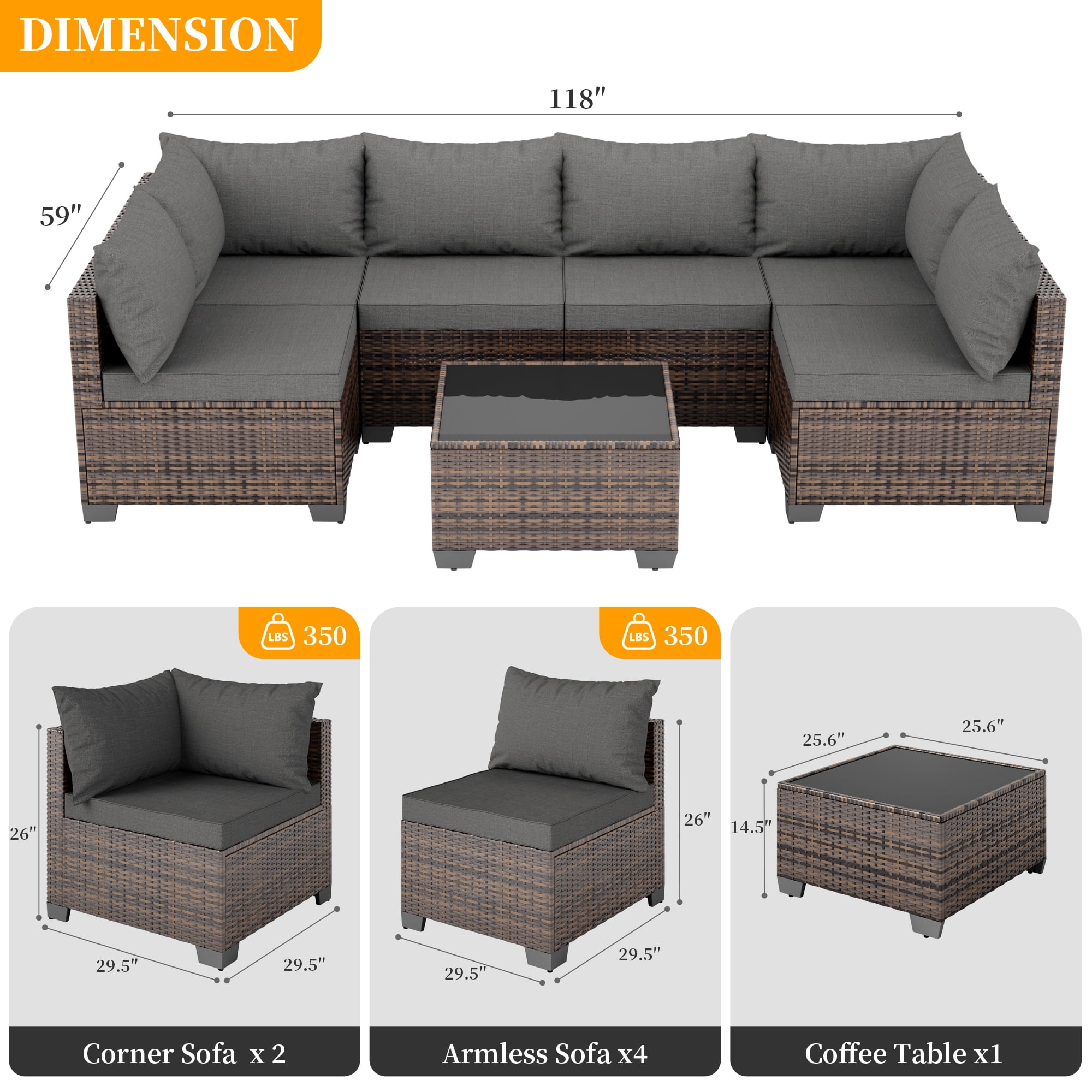 JORVIMAX 7 Piece Patio Furniture Set Outdoor Conversation Sets All-Weather Brown Rattan Wicker Patio Sectional Sofa with Cushions Dark Gray