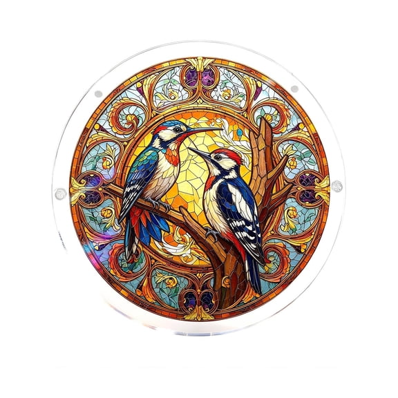 huayou Round Acrylic Puzzle Suncatcher, Two Woodpecker Vintage Carved Border Floral Window Hanging Decoration, Warm Golden Tone Stained Glass Light Filter Ornament for Front Door