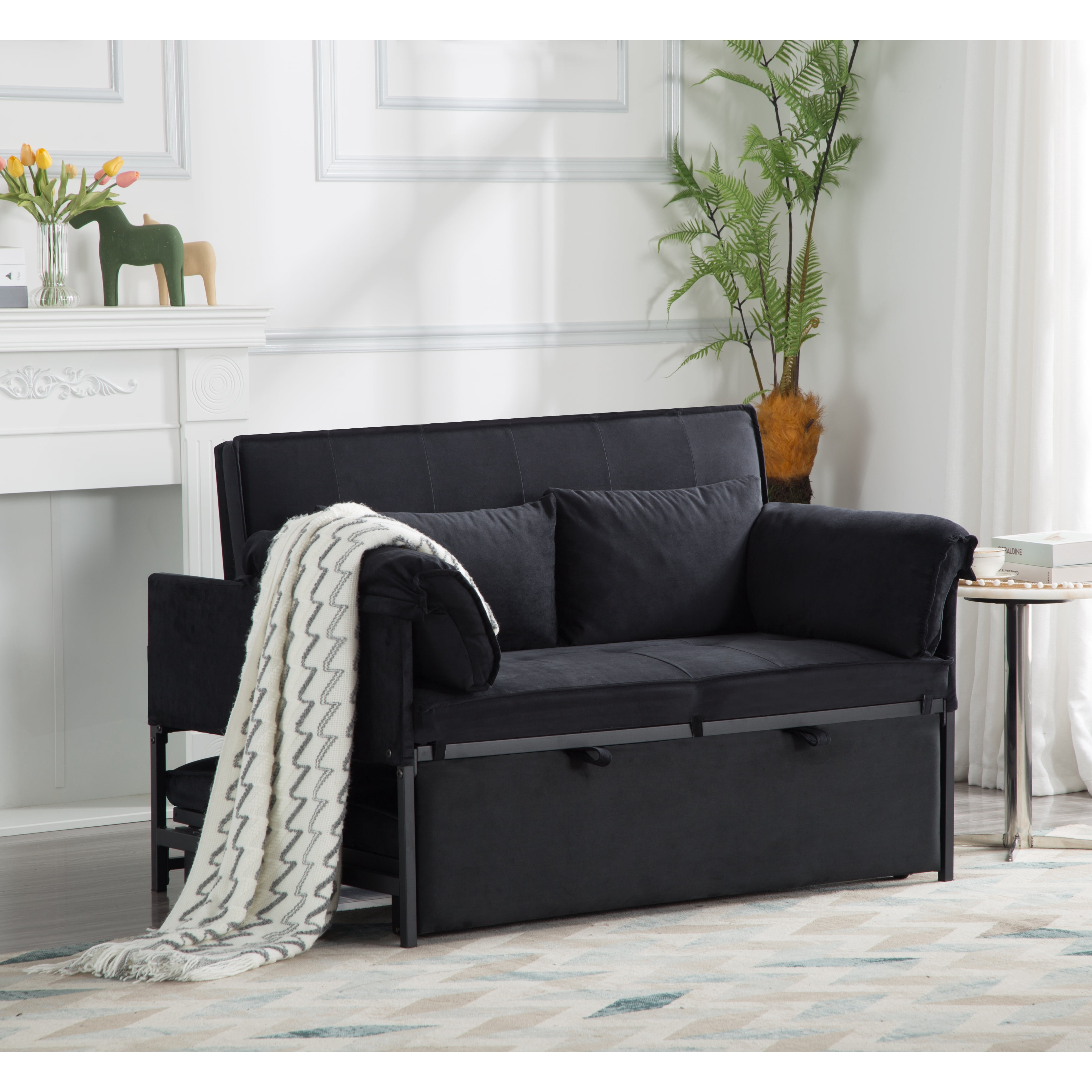 Gewnee 46"3 in 1 Convertible Sofa Bed,Pull-out Sleeper with 5 Reclining Positions for Living Room,Apartment,Velvet Black