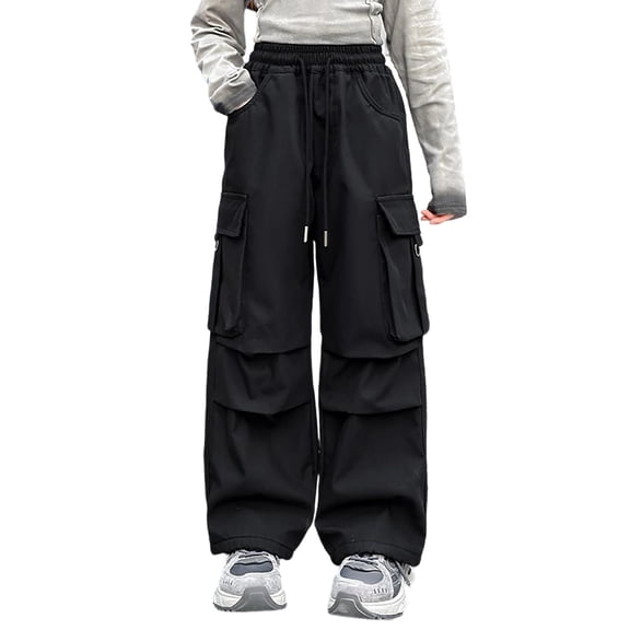Kids Girl Pants Girls Solid Straight Leg Cargo Pants Drawstring Elastic Waist Fashion Childrens Bottoms Streetwear for Kids Black 5 Years-6 Years