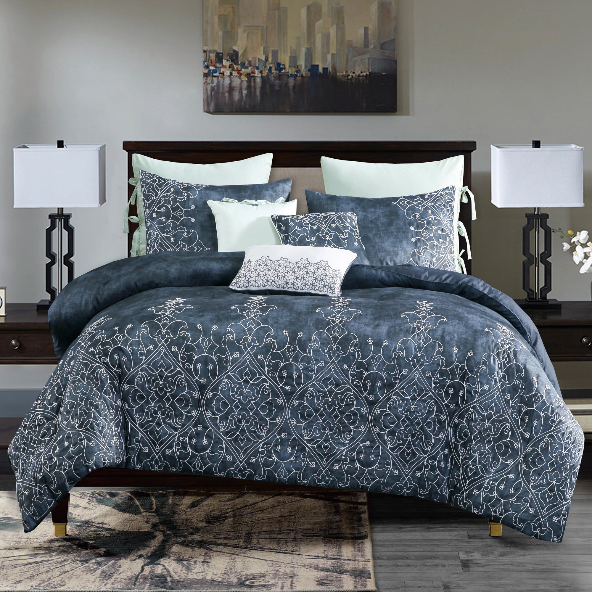 Luxury 7Pcs Oversized Embroidery Bed in Bag Microfiber Comforter Set Grey Queen 