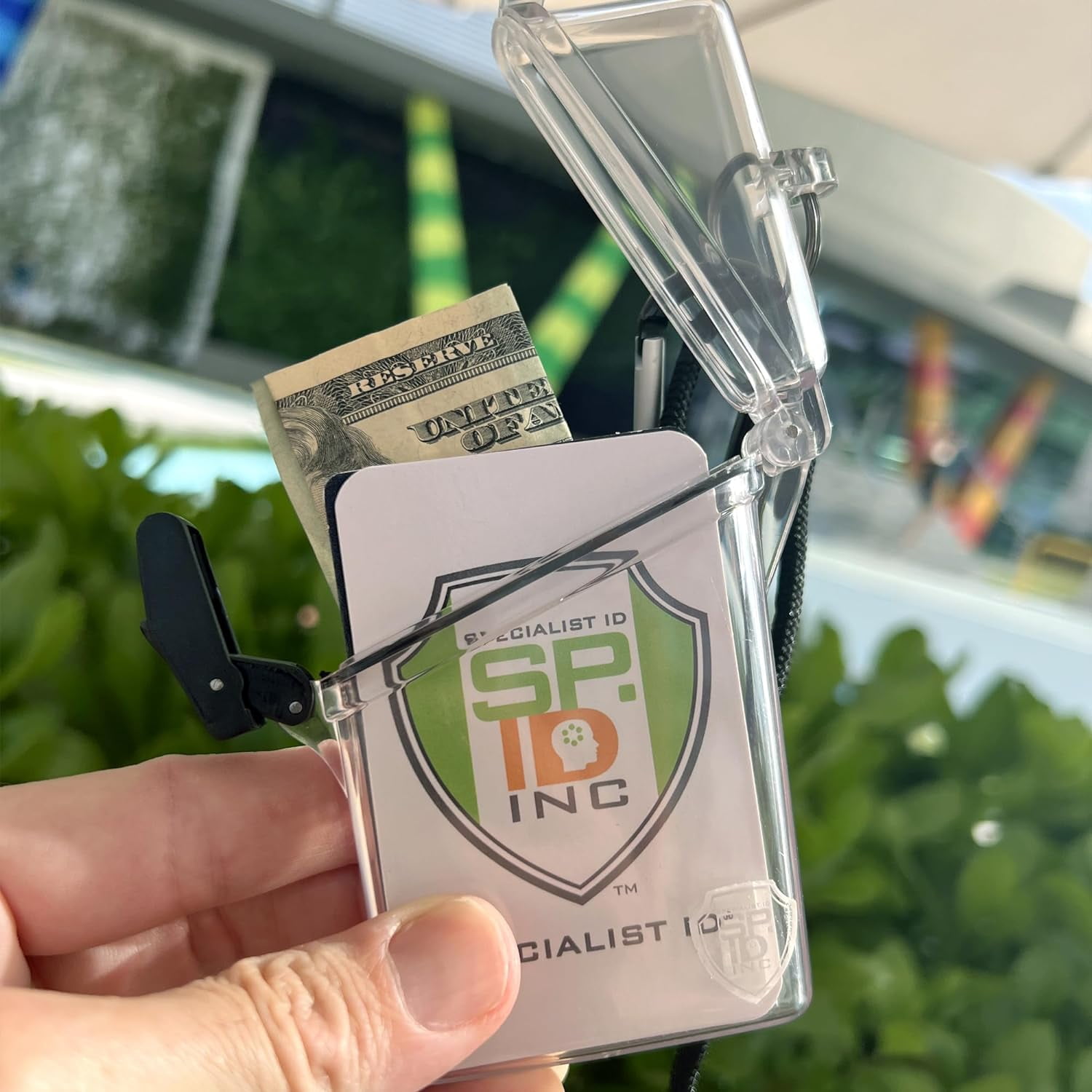 Waterproof ID Badge Holder with Lanyard & Clip - Money Holder for Swimming, Beach or Cruise - Clear Hard Plastic Water Proof Case for Key, Credit Cards & Travel by Specialist ID (Clear)