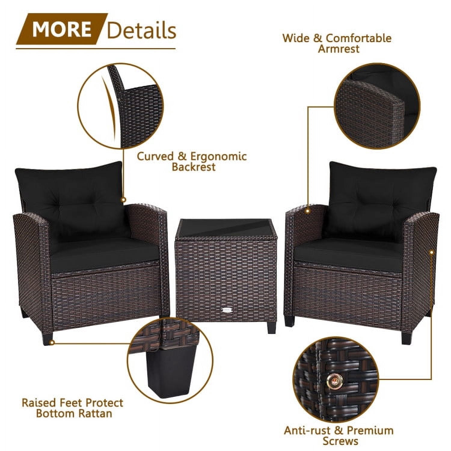 Kadyn Outdoor Bistro Conversation Set, Patio Furniture Sets, 3 Pcs Patio Rattan Furniture Set Cushioned Conversation Set Coffee Table-Black