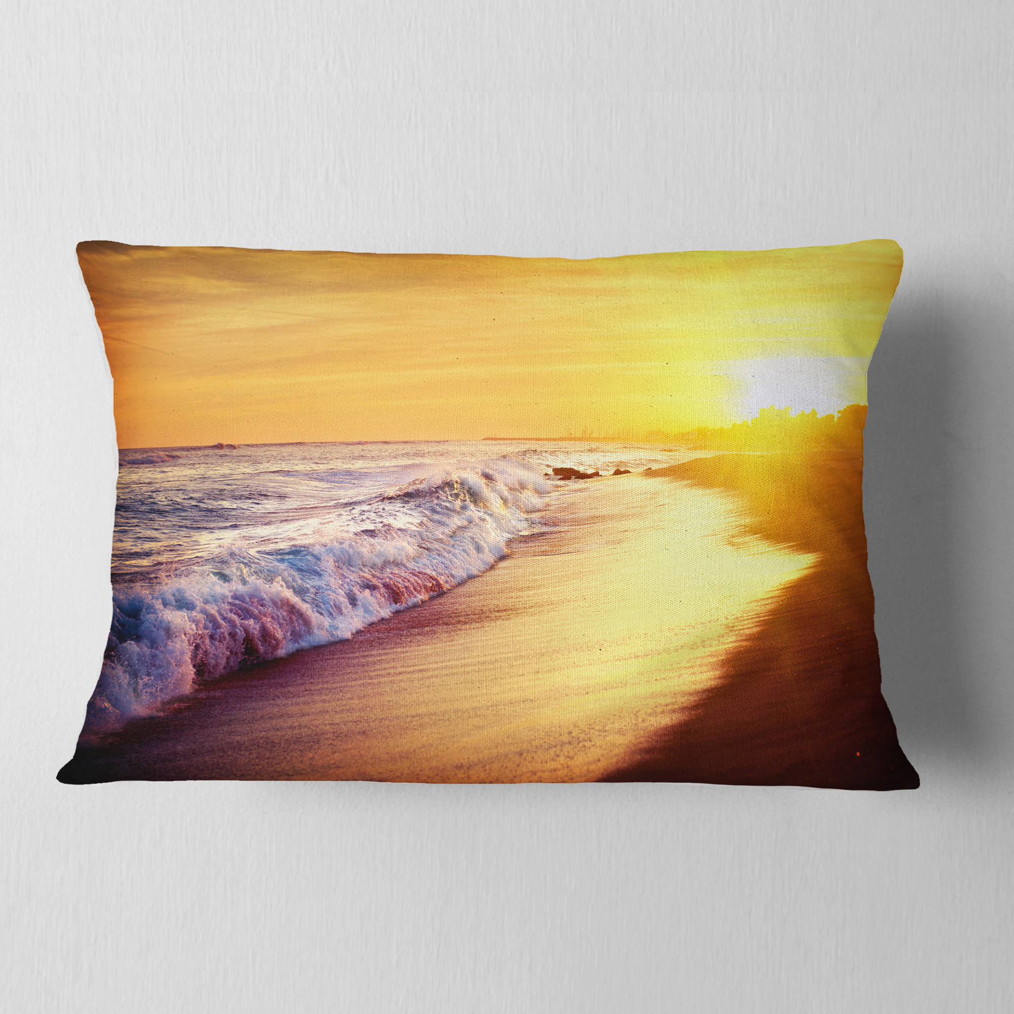 Designart Bright Yellow Sky with Foam Waves - Seashore Throw Pillow - 12x20