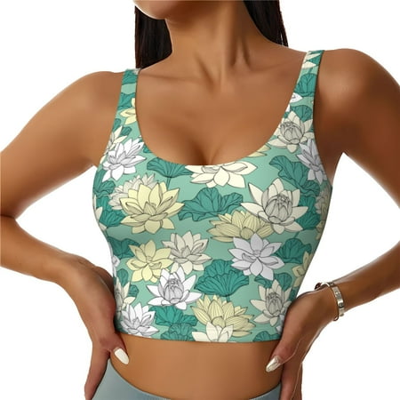 Qokaie Lotus Flower1 Pattern Womens Scoop Neck Sports Bra Breathable Workout Vest Padded U Back Medium Impact Fitness Gym Yoga Bra Workout Crop Top-Medium