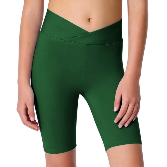 BLTIBY Girls Athletic Shorts Slim Cross V Elastic Waist Short Leggings Fashion Bike Dance Gymnastics Shorts Green 7-8 Years