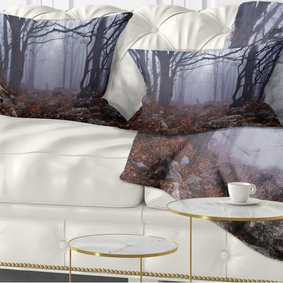 Designart Dark Foggy Forest in Autumn - Landscape Photography Throw Pillow - 12x20