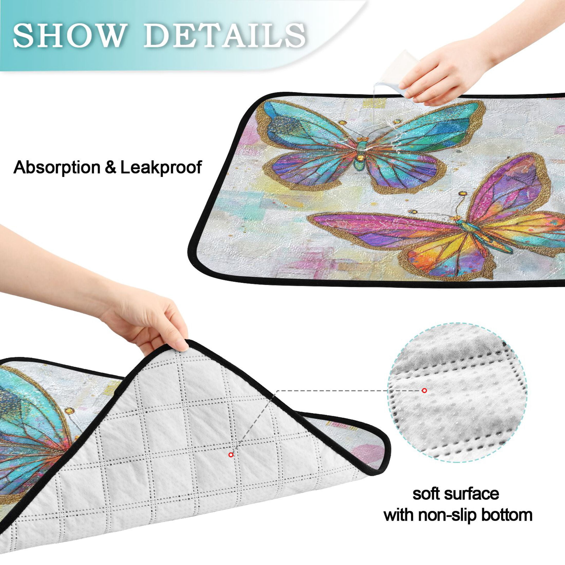 Qxltty Artistic Butterfly Cat litter Pads Pet Set of 3 Diaper Mats Center Anti-leakage Layer Absorbent Soft and Comfortable