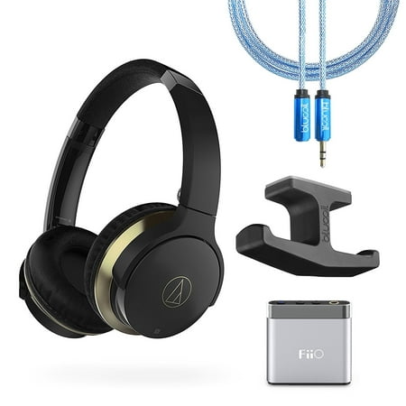 Audio-Technica ATH-AR3BTBK Bluetooth Wireless Headphones – PLUS – FiiO A1 Silver Portable Amplifier , Blucoil 6ft Extension Cable, AND Stick-On Under Desk Dual Headphone Stand