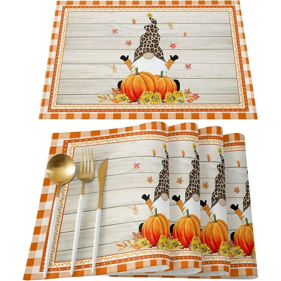 Placemats for Dining Table Set of 4, Cotton Linen Table Place Mats Thanksgiving Gnomes and Fall Pumpkin, Burlap Dinner Mat Waterproof Cloth Table Mat Dog Placemats, Easy Clean Table Setting Decor