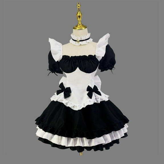 Dresses Women Ndbuld Women's Short Sleeved Neck Chocolate Maid Outfit Cute Dress Set Black M