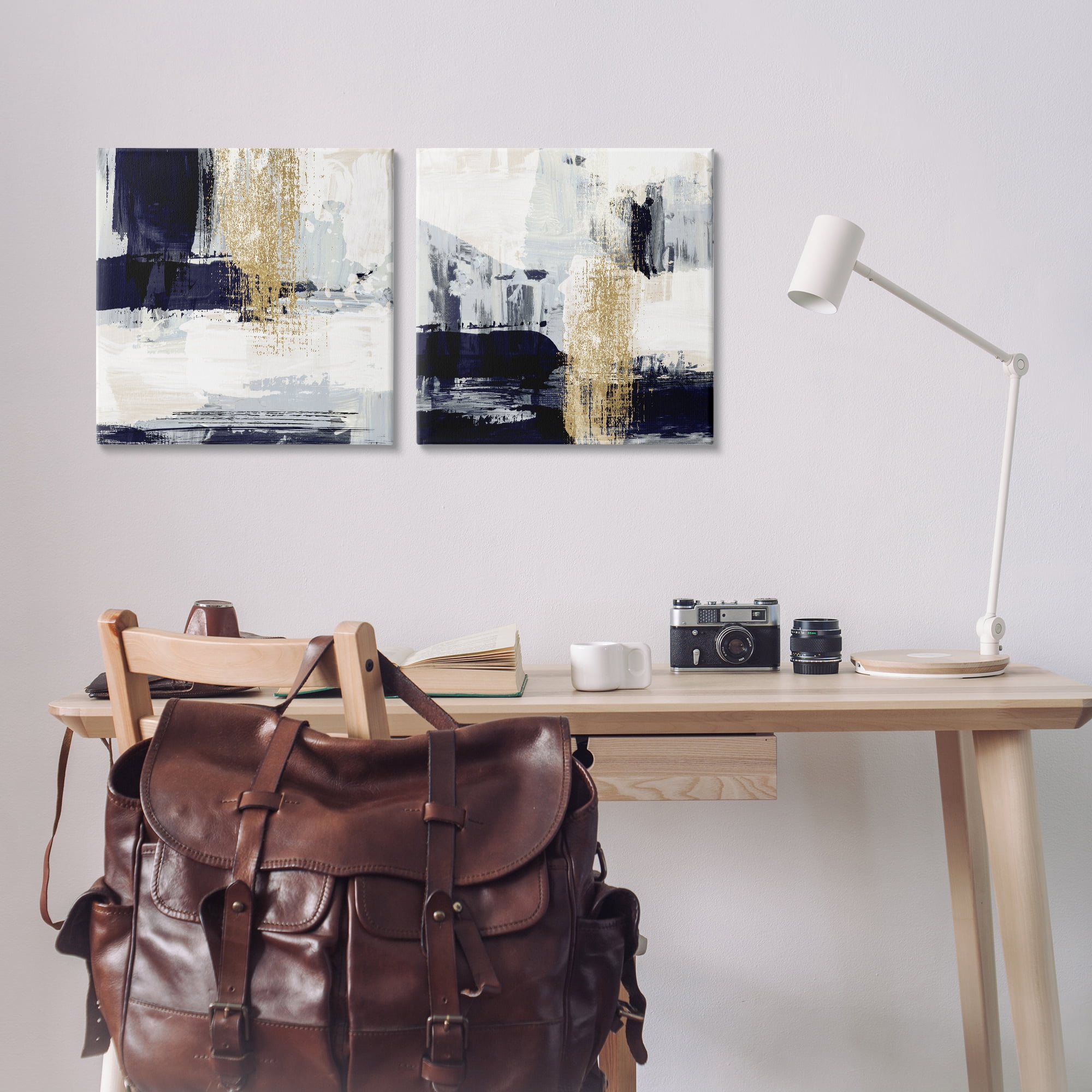 Stupell Industries Patchy Navy Gold Abstract Abstract Painting Wrapped Canvas Art Print Wall Art, 17 x 17, Set of 2