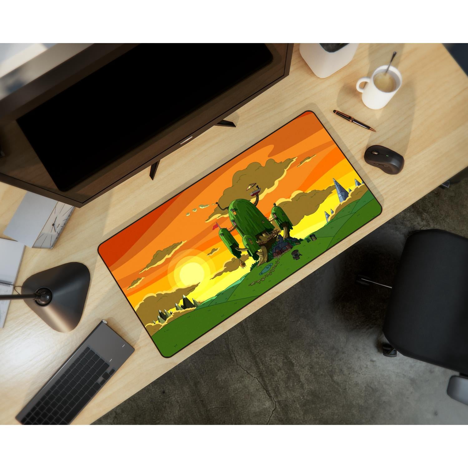 Cartoon Fantasy Treehouse Gaming Mouse Pad, Extended Desk Mat, Vibrant Sunset Design