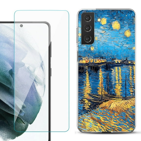 Slim-Fit TPU Fashion Phone Case for Samsung Galaxy S21 FE 5G Fan Edition, with Tempered Glass Screen Protector, by OneToughShield ® - Starry Night Rhone
