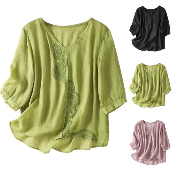 Floral Embroidered Cotton Linen Shirts for Women Summer 3/4 Sleeve Gauze Boho Tops Ladies Dressy Casual Loose Blouses Pink M