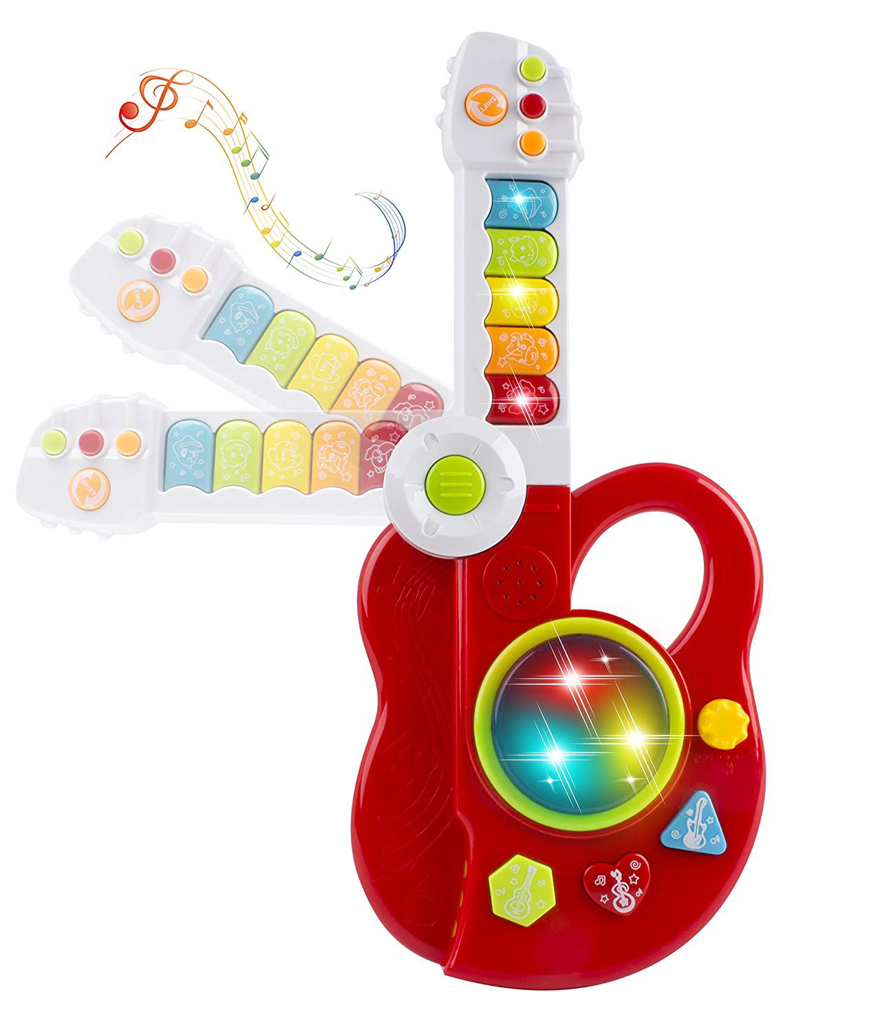 Red Toy Guitar 3-in-1 Musical Toy Guitar,Keyboard,Jazz Drum 3D Light Toy for Kids Musical Instrument Playset w/ Music Lights 