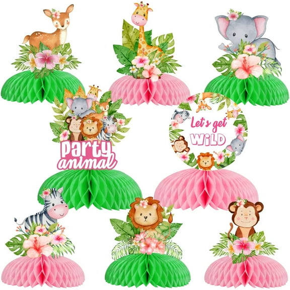 8PCS Jungle Animals Honeycomb Centerpieces, Let’s Get Wild Forest Creatures 3D Table Decorations for Girls’ Zoo Themed Baby Shower Birthday Party Supplies
