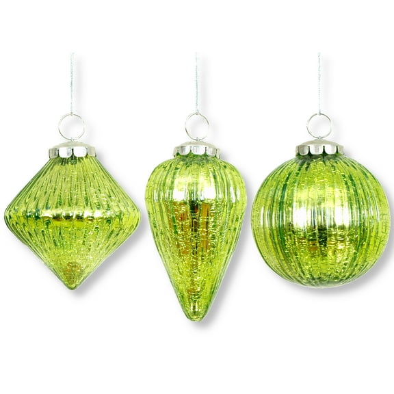 Lime Green Mercury Glass Ornaments, Set of 3 Ribbed Glass Ornaments
