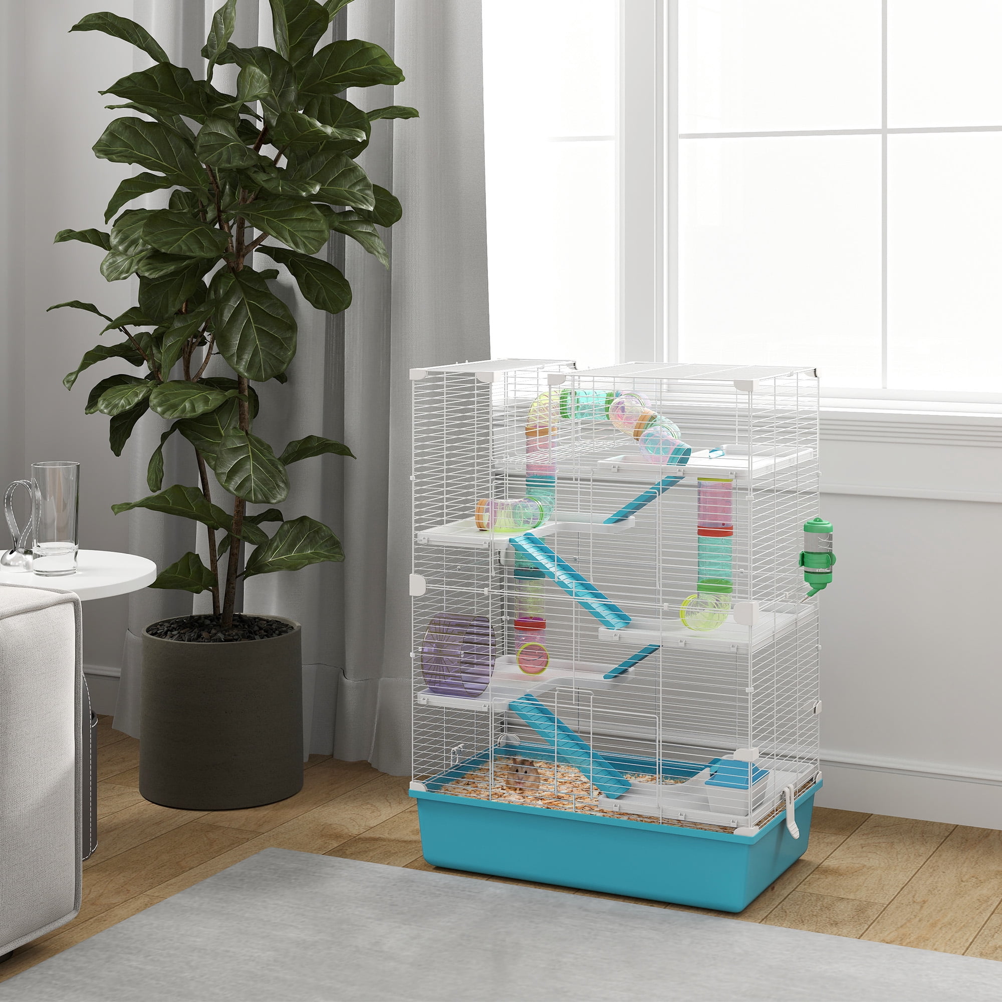 PawHut 32" Hamster Cage, 6 Tier Small Animal Cage with Tubes and Tunnels, Hut, Wheel, Food Dish, Water Bottle, Ramps, for Dwarf & Gerbil, Light Blue