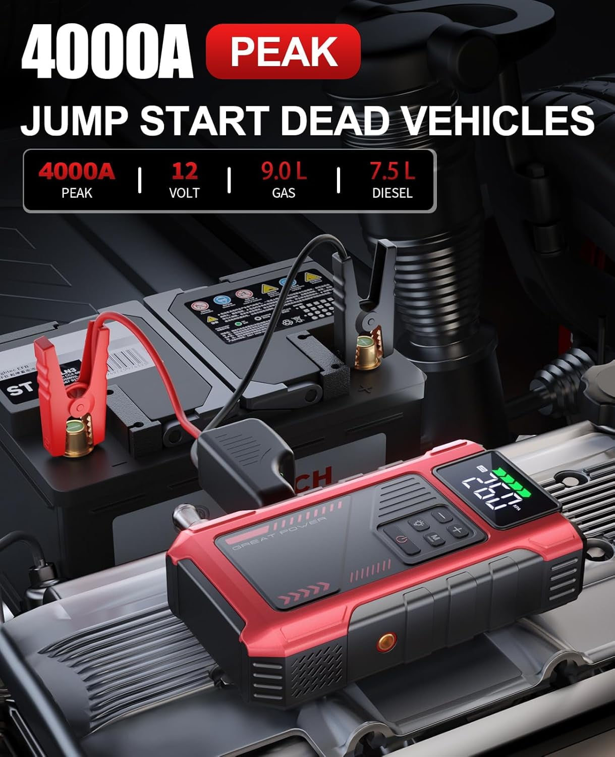 Pabulum 4500A Jump Starter with Air Compressor,12V Car Battery Booster & 150PSI Tire Inflator for 8.5L Gas/7.0L Diesel
