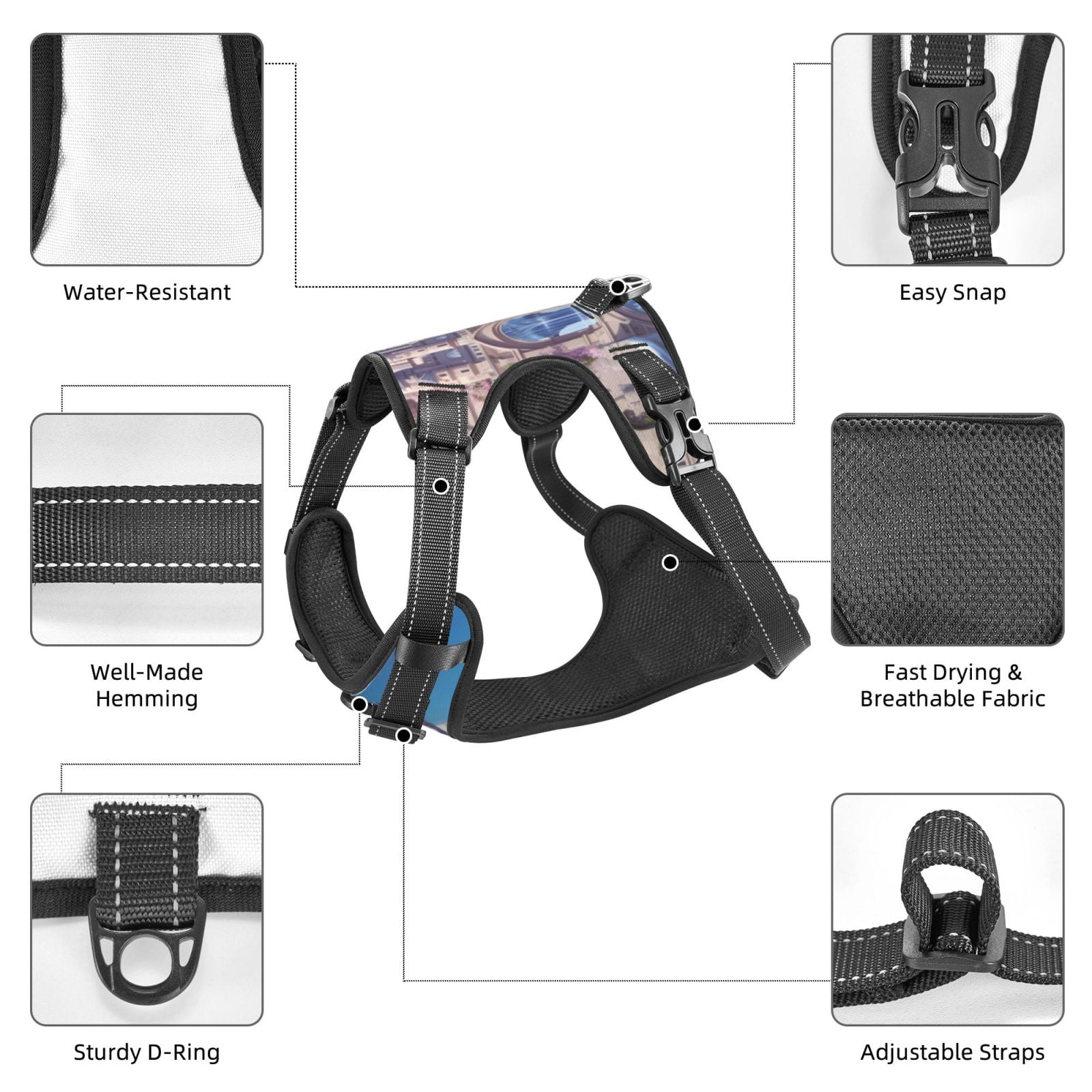 Fuzoiu Majestic Fantasy Castle Print Reflective Dog Harness,Adjustable, Breathable Pet Vest,Dog Harness No Pull,No Choke Pet Vest for Small, Medium, and Large Dogs-X-Large